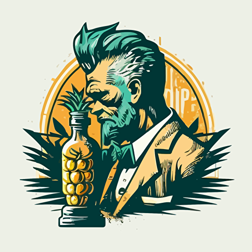 vector logo of a bartender with a pineapple for a head, pouring a drink, retro style, high detail