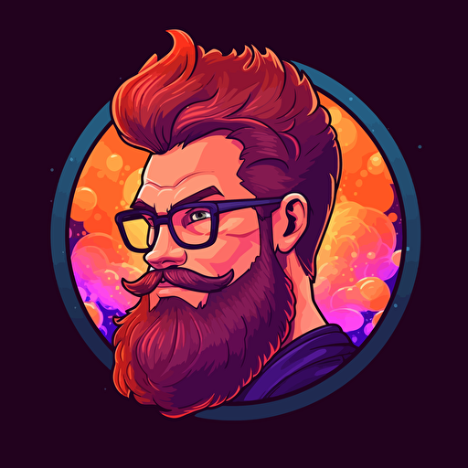 trimmed red beard man, with glasses, short hair, looking aside, logo, rounded, vector, gaming theme