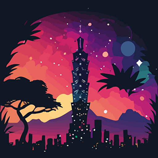 vector art colorful, galaxy, taipei 101 shilouette