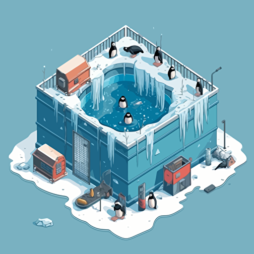 isometric cartoon vector style image of an icy enclosure, dirty, broken, no animals