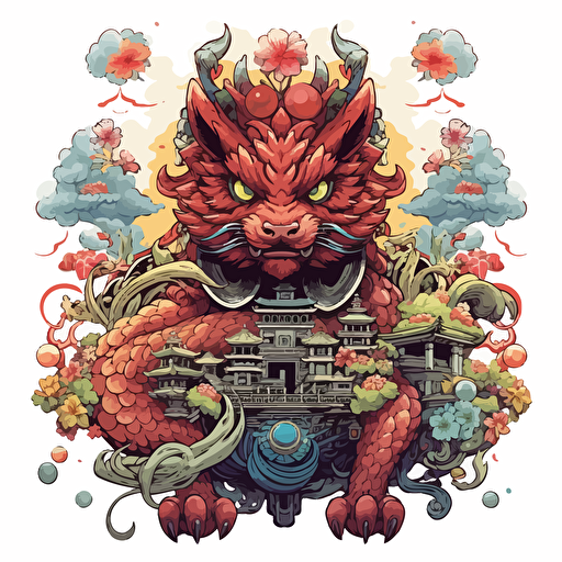 round up design with digital illustration of okinawa shisa, magic world inspired by Studio Ghibli, vector illustration, intricate details, unreal engine, extremely high detailing, sharp, white background