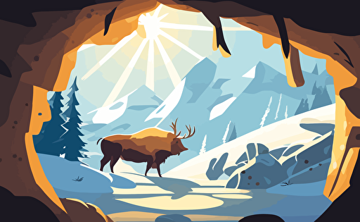 looking out from the inside of a winter cave, filled partially with snow and ice, looking out into a vast landscape of lush fir trees covered in snow and ice with mountain peaks in background with the sun shining through the clouds high quality cartoon style warm lighting early morning vibe vibrant early spring dramatic lighting vector illustration, a bull with european flag is standing