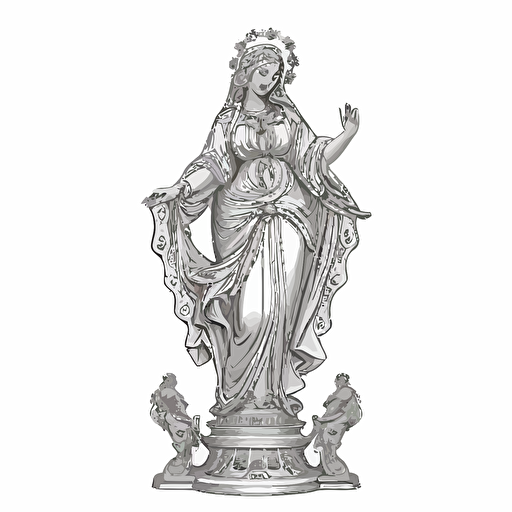 Yemaya Santeria statue front view, in style of Mary, baroque, black and white line drawing vector illustration, white background