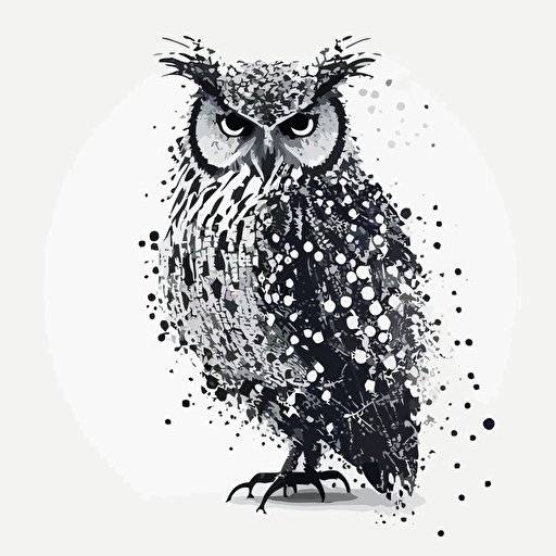 Owl made out of connected dots, vector art, ink, white background
