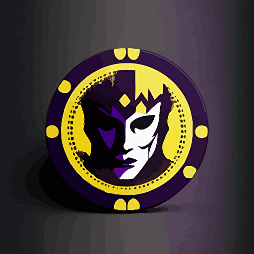 a poker chip with a cute vectorised casino joker head, logo minimalist, purple, yellow gold and black