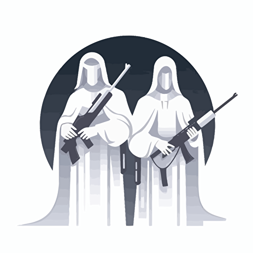 2d vector icon. holy hunters with assault rifles searching for glory. minimalistic. white background