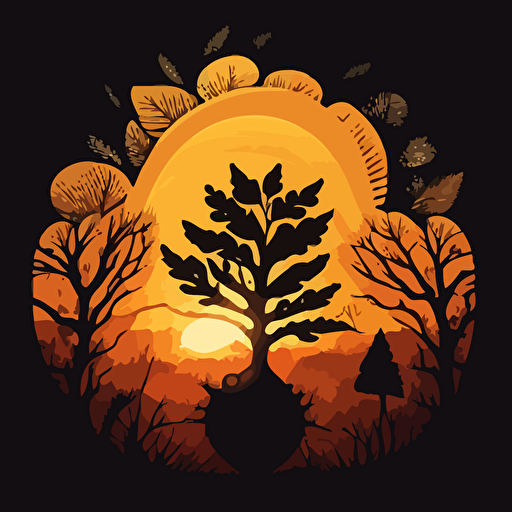 A one color vector image of a sunrise with an acorn silhouette in the foreground, representing the idea of new beginnings and growth