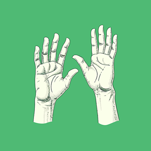 vectorized hands in 2d in white with a green background