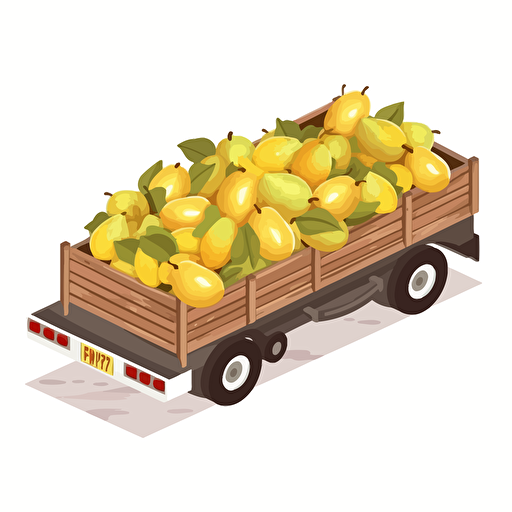 old country truck with wooden trailer full of yellow-white pears only, pears falling from the trailer, colorfull, vivid colors, white background, vector style