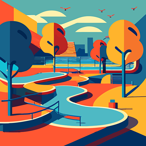 2d flat vector illustrator of a skatepark in Tokio, Tokio landscape background blue, yellowe and red colors