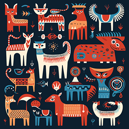 folk art animals in flat vector style