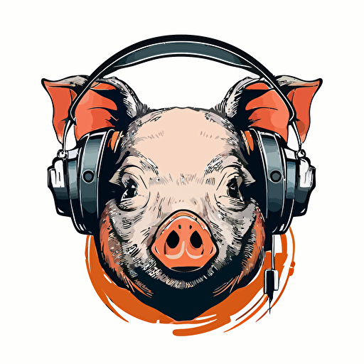 illustration of a pig for a logo, white background, unique and plain color, vector style, the focus is in the face of the pig, using a headphones in his ears,