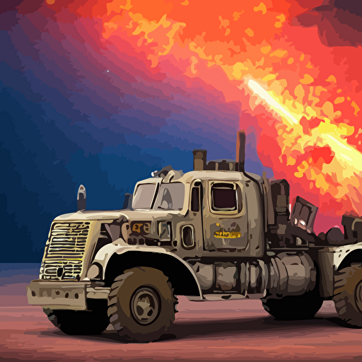 dieselpunk ogre truck red flames guns sticking jet engines fire sparks trunk deep space lush vivid soft colors sun set hosing battering ram truck filigree planets stellar nebula small ogre driver dslr hdr octane render 3d shading cgsociety horde3d ambient occlusion volumetric lighting ray tracing 3dexcite zbrush substance designer behance hd lightwave 3d ureal engine monet painting kait kybar