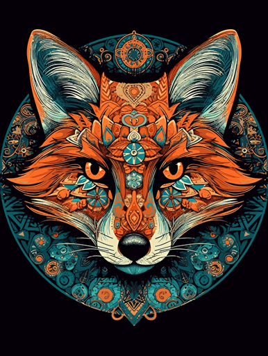 fox, bright colors, round print, vector image,