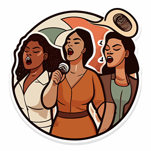 a die-cut sticker representing three diverse women of different ages and body shape demonstrating with a loudspeaker and their fist in the air, vector corporate art