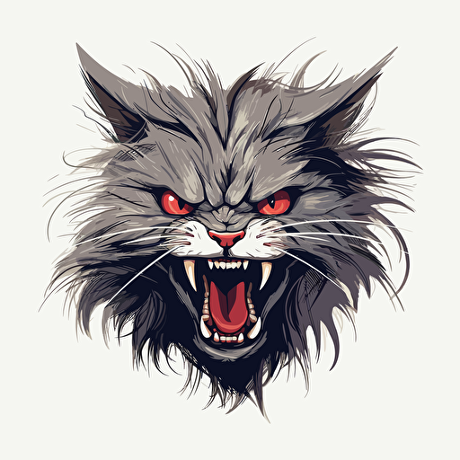 a snarky maine coon kitten snarling, adorable, vector art, white background, in the style of gorillaz