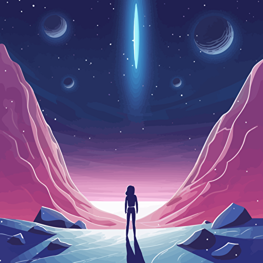 a young girl on an alien planet looking up at the stars that shine like diamonds in the sky. Vector illustration.
