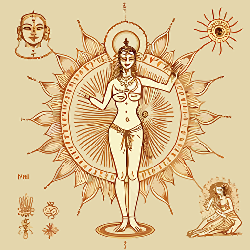 sun moon masculine feminine sattvic balanced energy lotus blossom focus jivamukti kundalini shankara upanishad ideal teacher strength poise dexterity humility albrecht durer vector illustration line drawing diagram detail snake chakras subtle anatomy bliss body enlightenment principle unity wholeness self realization moksha detailed beautiful transfixing