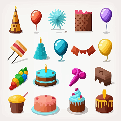 a sprite sheet of vector birthday party objects on a white background