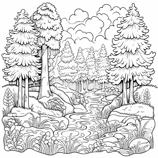 2d illustration, simple vector wonderful forest coloring page
