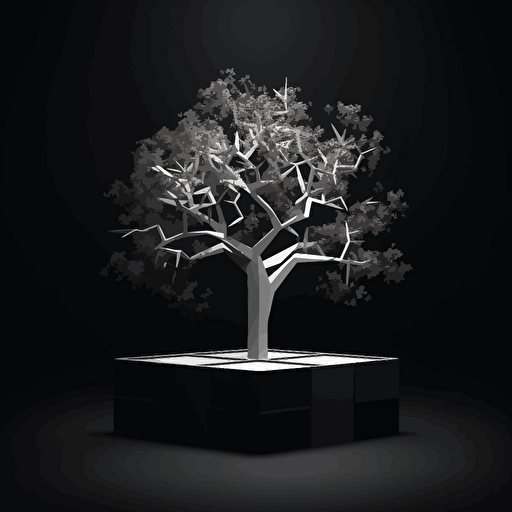 Black background contrasted by a white vectorise and minimal style cube tree