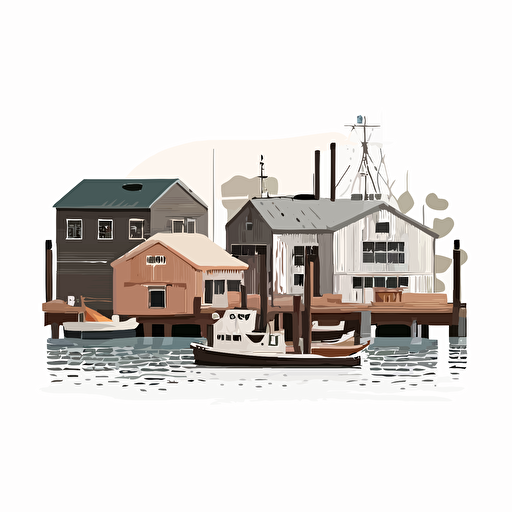 simple vector drawing of basic marina buildings with long dock, small commercial boats at the dock