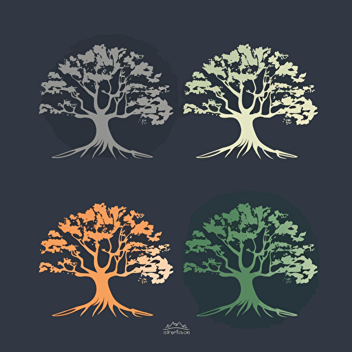 five color logo of an oak tree, side by side, it has to be asymmetric, simple, elegant, green color palette, on a dark gray #444654 background, design is vector style,