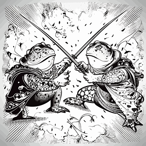 vector illustration poster of two fat toads sword fighting in neo expressionism art style, black and white only