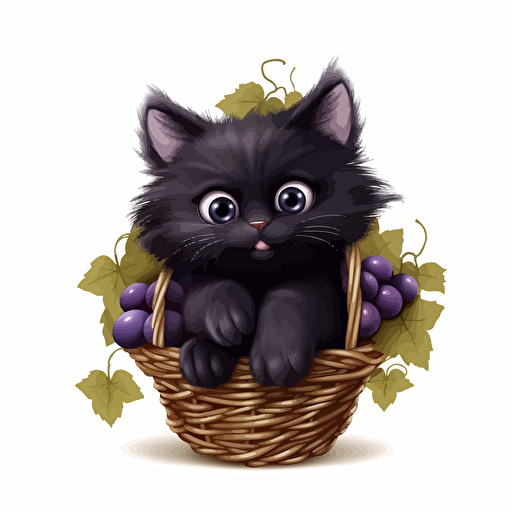 a cute cartoon black cat in a grape bunch costume in the style of anne geddes, vector art, adorable, white background