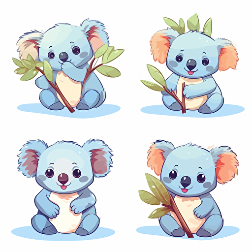 cute smiling koalas set of 4 colorful illustration, flat colors, vector, detailed, white background