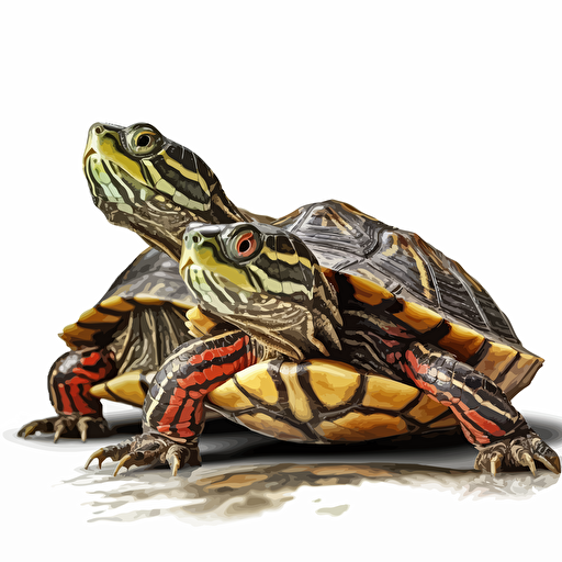 Red-Eared Slider reptiles looking straight in the camera, white bg, vector