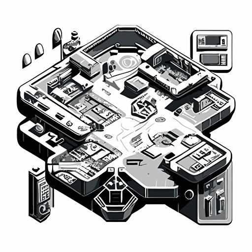 top down floor layout of futuristic laboratory map black and white vector with a white background using pigma micron pens