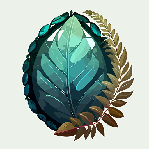 a simple vector image of a gemstone surrounded by a fern leaf and a feather