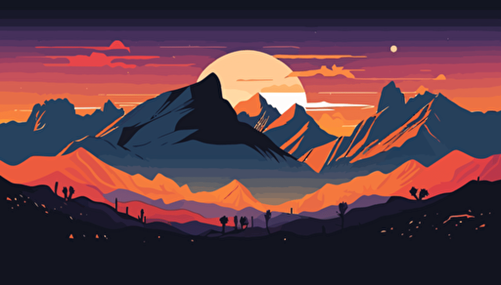 craggy mountain landscape, sunset, vector illustration style,