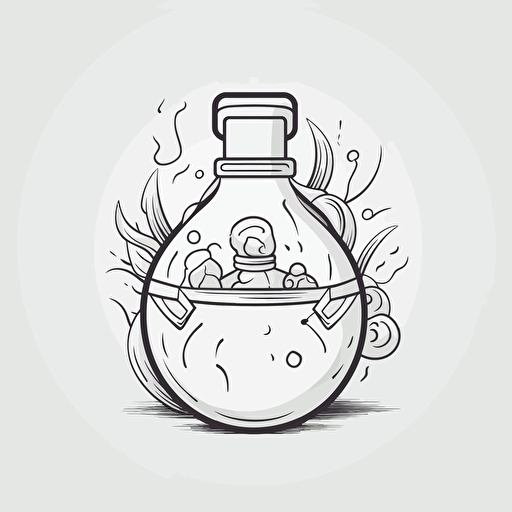 Logo with black outline, white background, cute, Potion bottle in Pixar style, prop design, contour, vector art