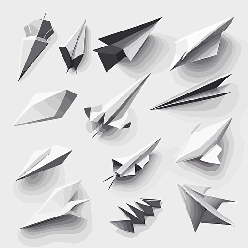 simple vector art animations of different paper airplanes, black on white background