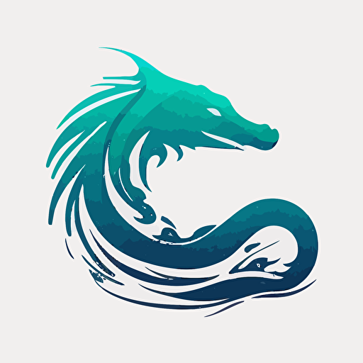 Minimalist iconic logo of sea serpent, blue emerald color, vector, on white background