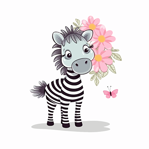 cute zebra with flowers, detailed, cartoon style, 2d clipart vector, creative and imaginative, hd, white background
