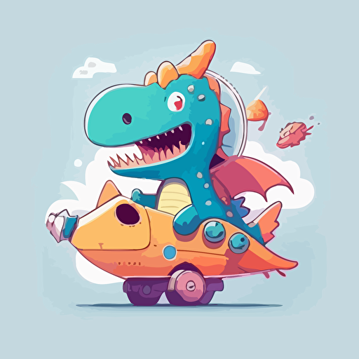 dinosaur flying in a spaceship, cute happy smiling adorable, vector illustration style