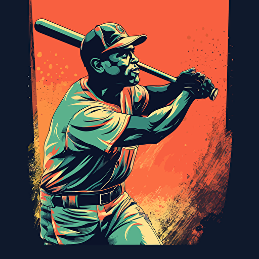 Vector illustration of baseball player Hank Robinson hitting a baseball in vivid colors