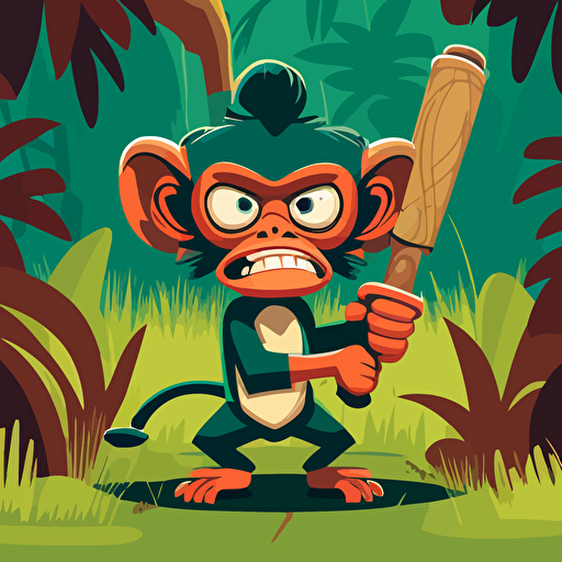 colorful vector art of an angry baby spider monkey holding a baseball bat, jungle background