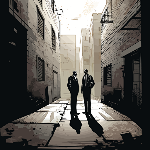 2 shady men in suits meeting in a alley, vector art