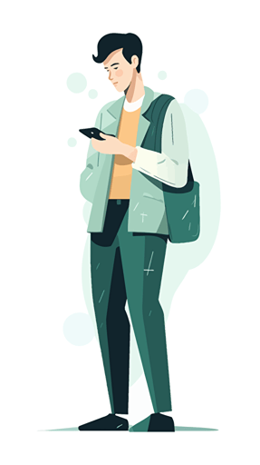 a man looking at mobile phone, holding mobile phone, at home, UI illustration, vector illustration, white background, simple, clean, bright, advanced color sense, mobile terminal