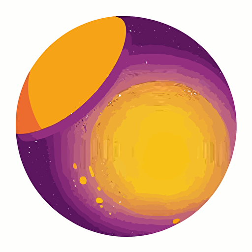 An orange planet shaped like a coin orbiting around a large purple sun, limited color palette, vector, simple