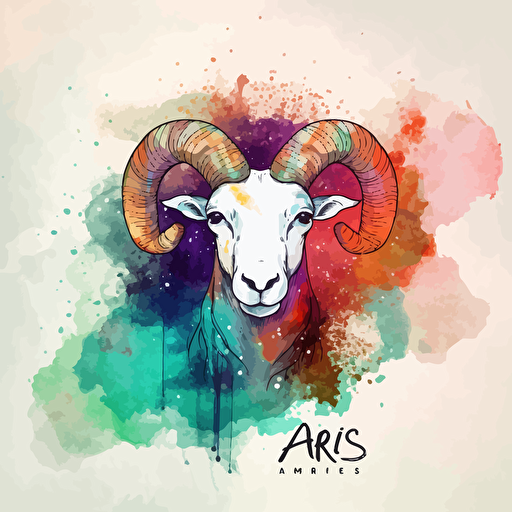 vector line drawing of aries symbol, with multicolor, watercolor background.
