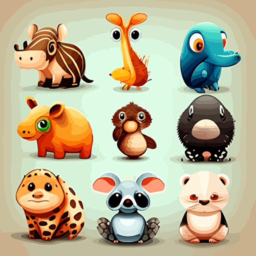 10 cute cartoon vector style animals for kids without background