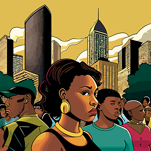 a party scene of young black people, men and women in the streets of Atlanta in the 1994 with Atlanta skyline, cartoon style, vector art