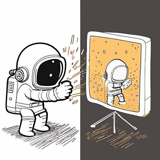 draw a 2D vector, cartoon, happy scene about astronaut, a simple drawing, in color but bordered with a black line, flat drawing and without details on a white background