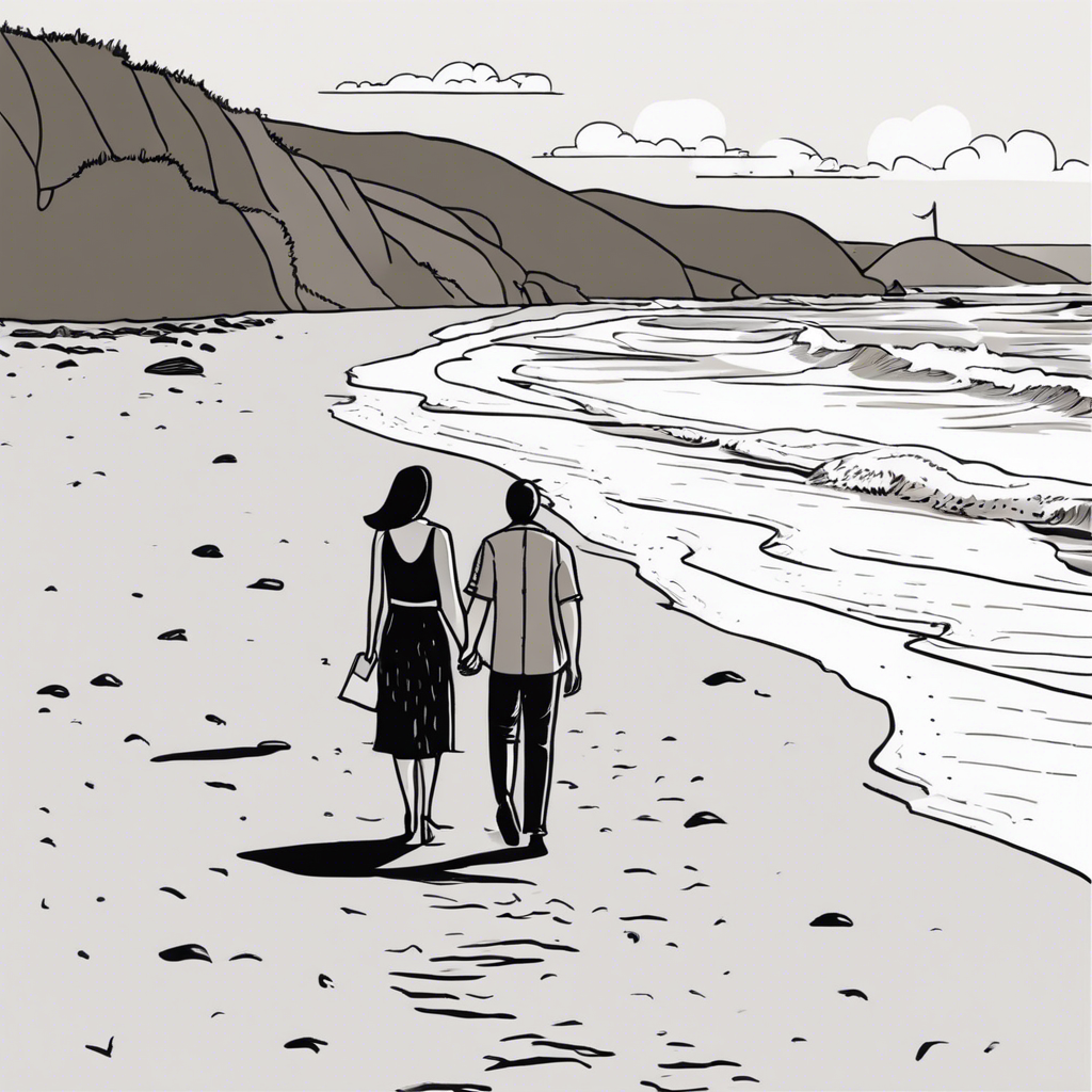 Couple walking hand in hand on a beach., illustration in the style of Matt Blease, illustration, flat, simple, vector