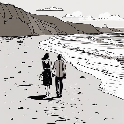 Couple walking hand in hand on a beach.